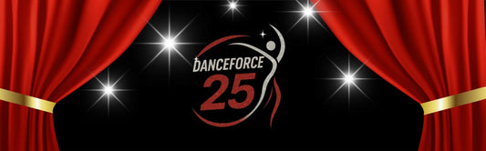 Danceforce 25 logo for The Lynden School of Dance, with red stage curtains, golden ties and sparkling lights on a black background.