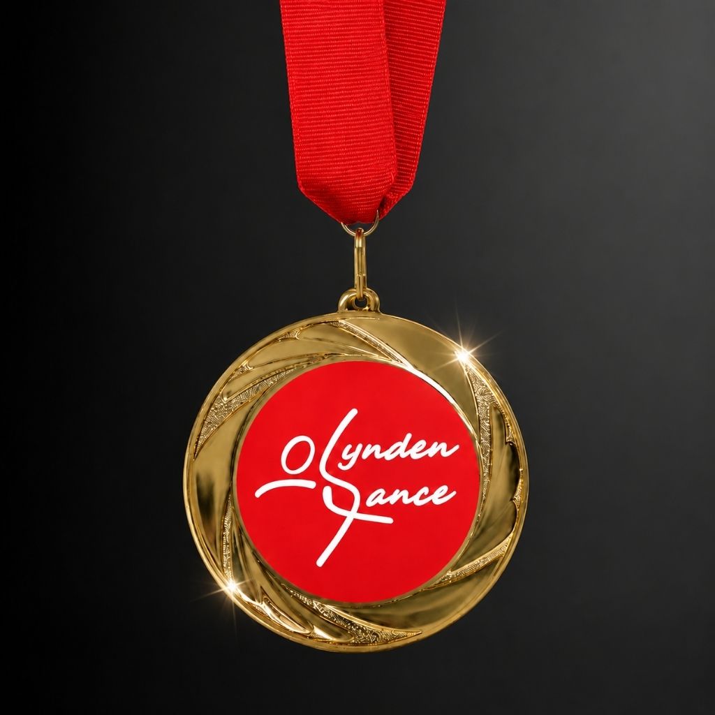 Gold medal with a red ribbon featuring 'Lynden Dance' on a black background
