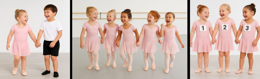 Children in ballet outfits smiling and holding hands in a dance studio.