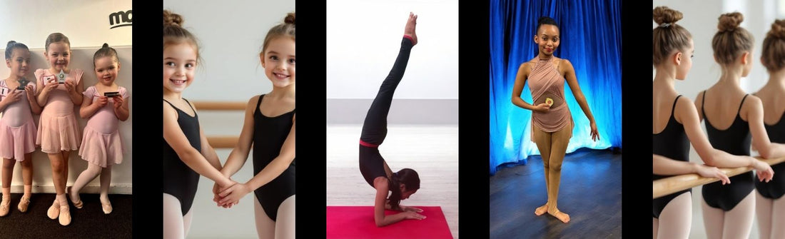 A collage of young dancers from Lynden Dance School, featuring children in pink and black leotards holding medals and certificates, practicing at the barre, performing acrobatic poses, and standing proudly on stage.