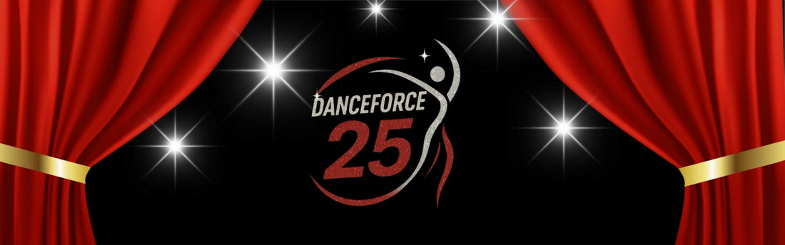 Danceforce 25 logo for The Lynden School of Dance, with red stage curtains, golden ties and sparkling lights on a black background.
