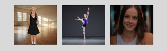 Collage showing a dancer’s journey from childhood ballet classes to professional training, featuring a young ballet student in a studio, a dancer performing en pointe, and a portrait of the dancer as a young adult.