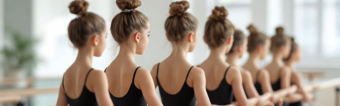Line of young ballet students in black leotards standing at the barre in a bright dance studio—showing discipline, focus, and foundations of dance training in Basingstoke.