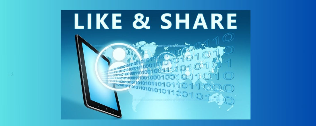 A digital graphic with the words "Like & Share" at the top, featuring an illustration of a tablet projecting binary code and a user icon, symbolising social media engagement and digital interaction across a global network.