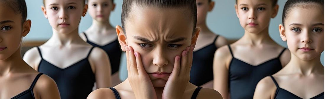 A group of young ballet students in uniform black leotards stand in formation. One girl at the front looks upset and frustrated, holding her face in her hands.