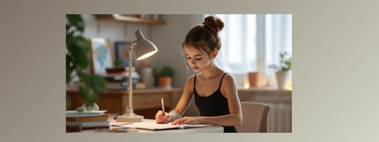 Young girl in a black ballet leotard studying at a desk under a lamp, balancing schoolwork and dance. Books and plants decorate the cozy background, creating a focused yet calming atmosphere.