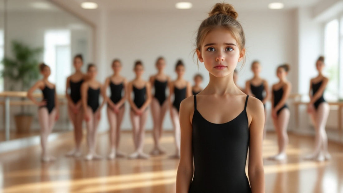 A young girl in a black leotard standing at the forefront in a dance studio, with a group of ballet dancers in the background. The studio is bright and spacious, with large mirrors and wooden floors